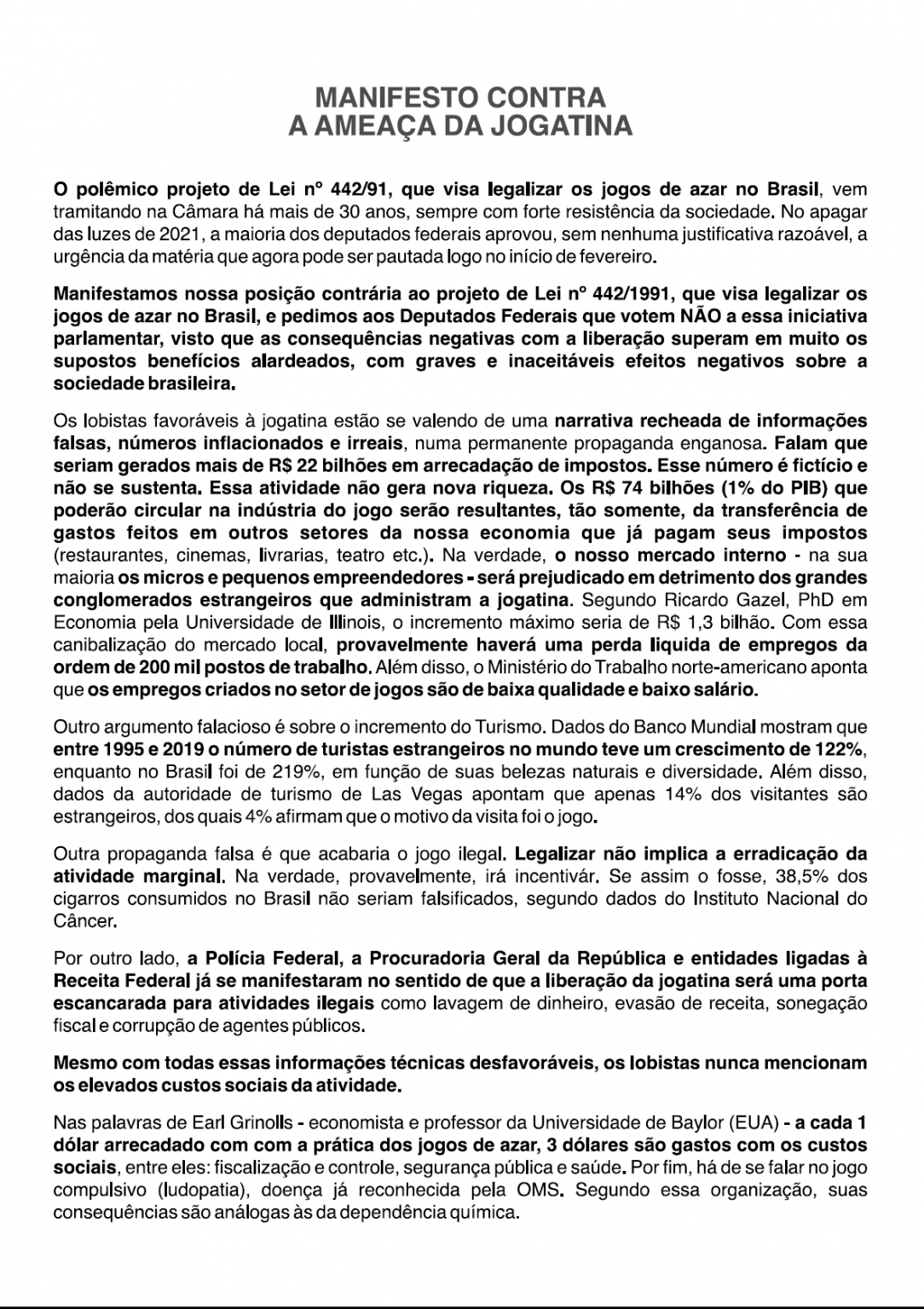 Manifesto Nacional Contra LegalizaÇÃo Dos Jogos De Azar No Brasil Cruz Azul No Brasil 1391